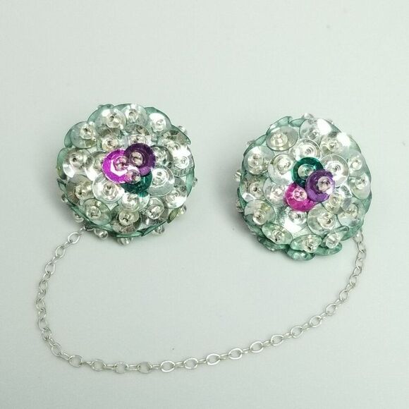 Vintage Sequin Encrusted Sweater Clip Brooches, Silver Tone, Retro Estate - Picture 2 of 6